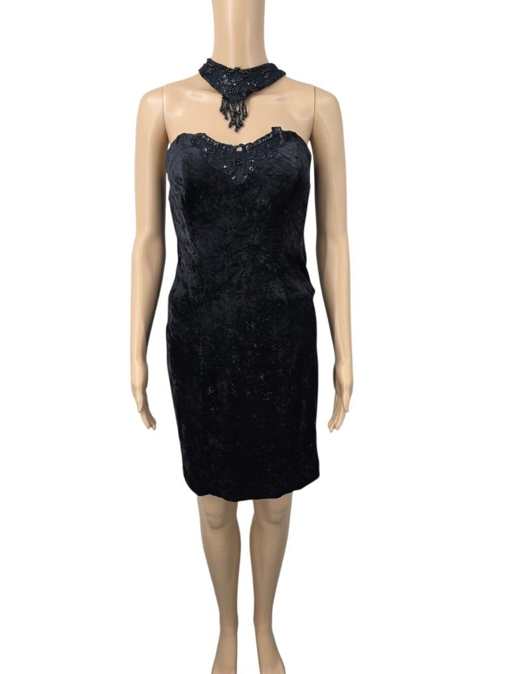 All That Jazz Vintage Black Crushed Velvet Evening Dress Beaded Choker Collar